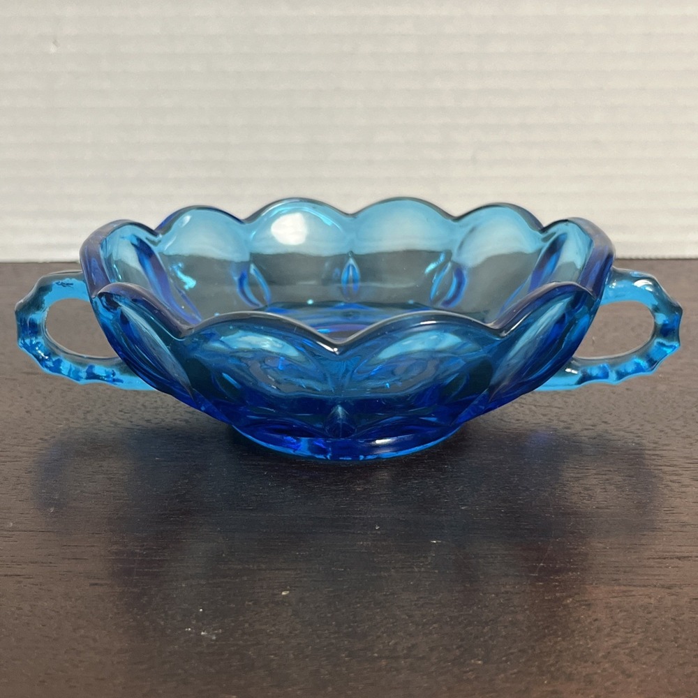 Vintage Anchor Hocking Cobalt Blue Glass Candy Dish Scalloped Handled MCM Bowl
